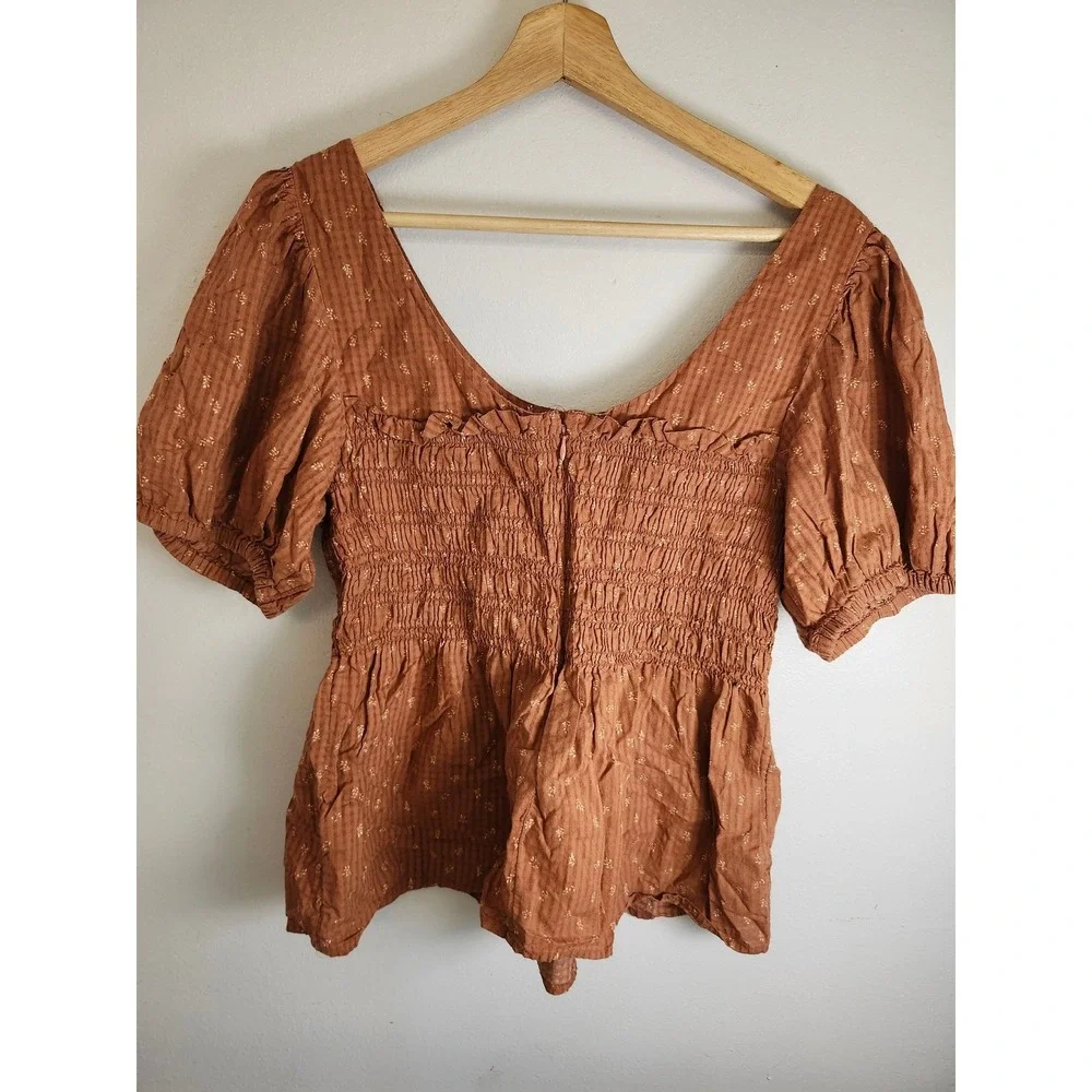 Madewell Brown‎ Smocked Puff Sleeve Peplum Top Size 6 Cottagecore Boho